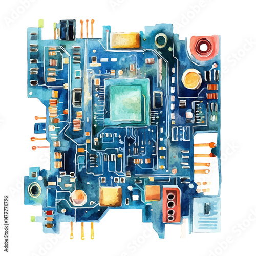 watercolor of Circuit Board, isolated on a white background.