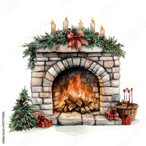 Christmas Fireplace, watercolor vector, isolated on a white background.