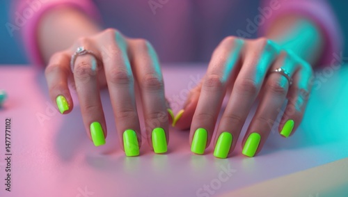 Woman Hands with Green Manicure. neon style. beauty concept.