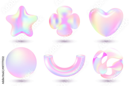 Shiny holographic 3d geometric shapes se. Abstract glossy design elements for banner, brochure, poster. Vector icons