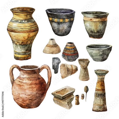 Ancient Artifacts, watercolor illustration, isolated on a white background.