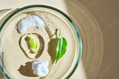 The texture of facial serum, cream and enzyme powder in a petri dish on a beige background.