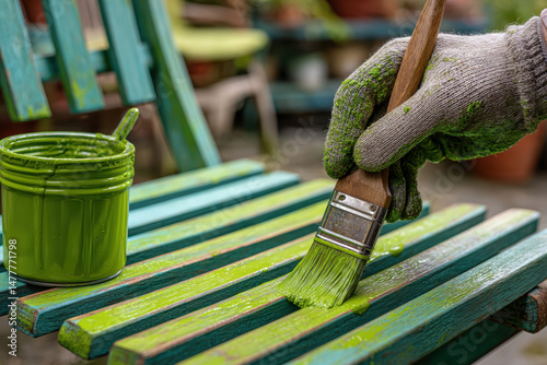 Worker in protective gloves painting a wooden garden chair green with a brush, focusing on the process of renewing outdoor furniture, freshening up garden space