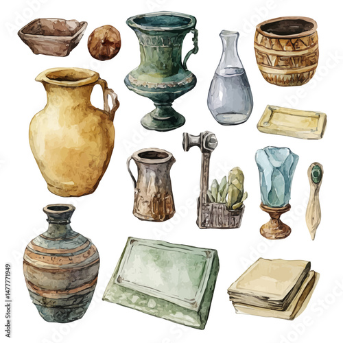 watercolor vector of Ancient Artifacts, isolated on a white background.