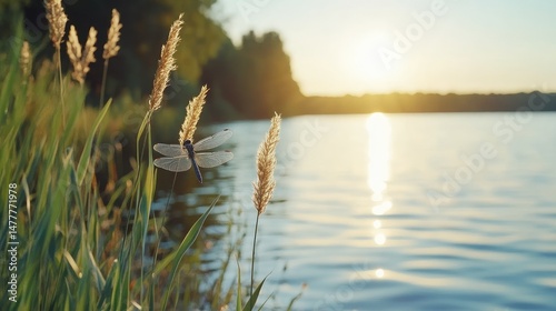 Dragonfly resting on wheat stalk at lake sunset natural scenery