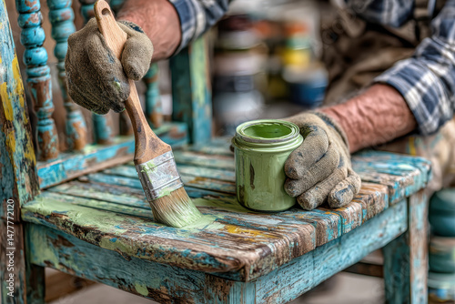 Painting a wooden garden chair with green paint, worker wearing gloves and focused on renewing furniture, refreshing the outdoor living area