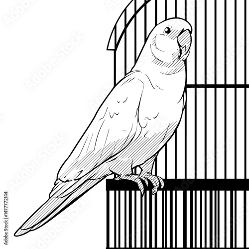 vector sketch parrot sits in a cage on a white background .Generative AI