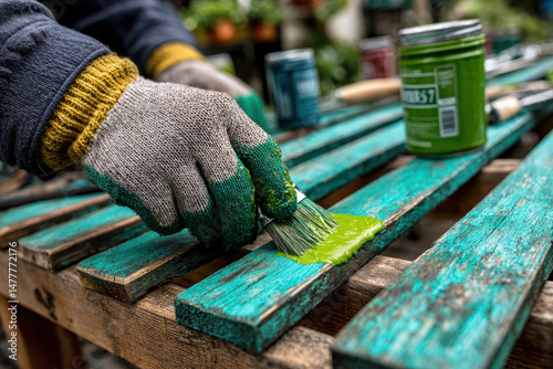 Painting a wooden garden chair with green paint, worker wearing gloves and focused on renewing furniture, refreshing the outdoor living area