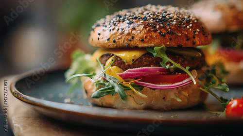 Fototapeta Naklejka Na Ścianę i Meble -  A close-up view of a gourmet burger with fresh ingredients, served on a plate.