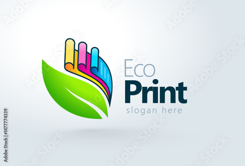 Eco Print Logo. Printing theme CMYK Color Papers and Green Leaf. Template design vector. White background