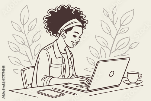 Sketch style doodle of Happy stylish hipster teen girl student with Afro hair using laptop computer sitting at table at home office, in cafe, remote studying or working in internet, watching online co