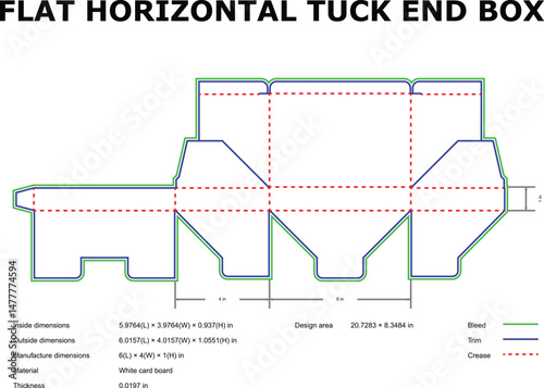 Flat horizontal tuck end box diagram illustrating dimensions and bleed lines for packaging design