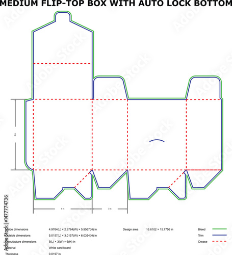 Vector diagram of a medium flip top box with auto lock bottom construction details and dimensions