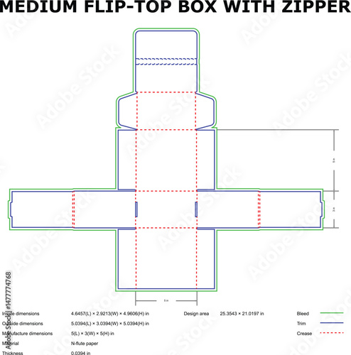 Detailed diagram of a medium flip-top box with zipper ready for manufacturing and packaging