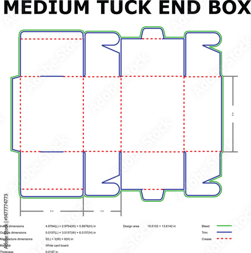 Detailed schematic diagram of a medium tuck end box showing dimensions and design for packaging.