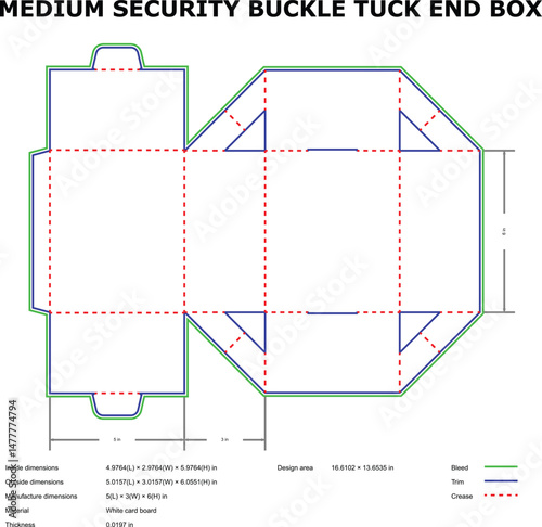 Detailed diagram of medium security buckle tuck end box packaging design template with dimensions