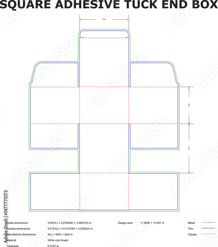 Detailed diagram and dimensions of a square adhesive tuck end box for packaging design and manufacturing