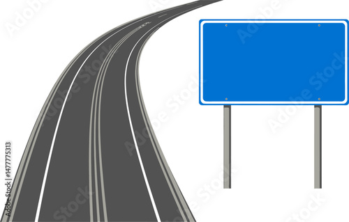 Curving Highway Road with Blank Blue Sign Journey, Direction, Travel, Route