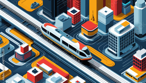 Modern cityscape featuring a vibrant train traveling through an urban environment with geometric buildings