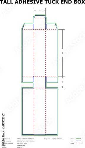 Detailed die cut template diagram for a tall adhesive tuck end box with dimensions