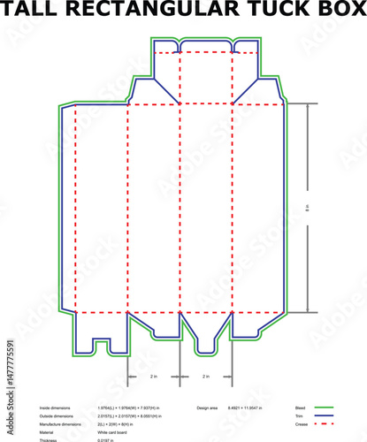 Flat outline schematic of a tall rectangular tuck box with specified dimensions and labels in a white background