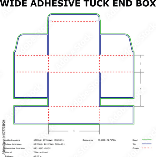 Detailed diagram of wide adhesive tuck end box template with dimensions and cutting guidelines