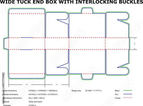 Detailed blueprint design of a wide tuck end box with interlocking buckles dimensions and crease lines