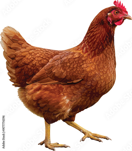 "Brown Chicken Walking on Farm - Free-Range Hen on White Background"