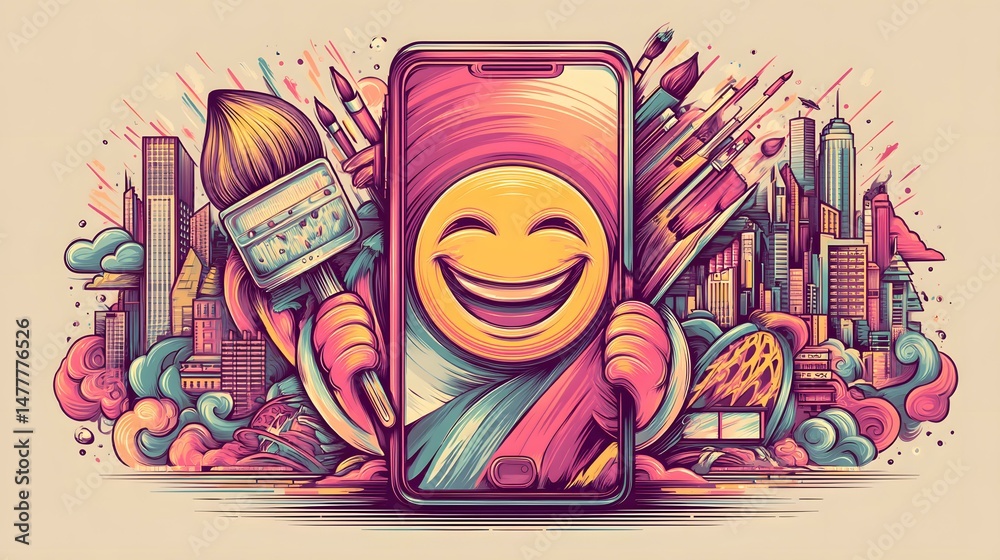 Obraz premium with arms happily drawing landscapes with bright brushes and smiling clouds