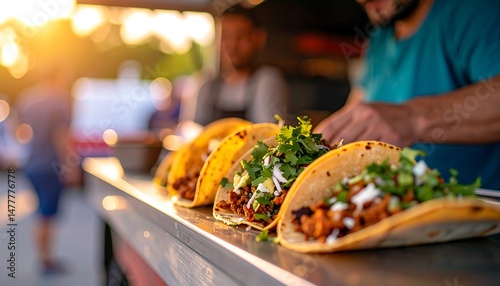 Delicious Tacos at Sunset Food Truck Festival Street Food Cuisine