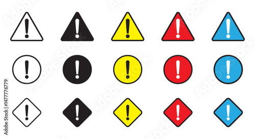 Warning sign and symbol. Exclamation mark in triangle and circle. Black, yellow, blue and red color alert icon.