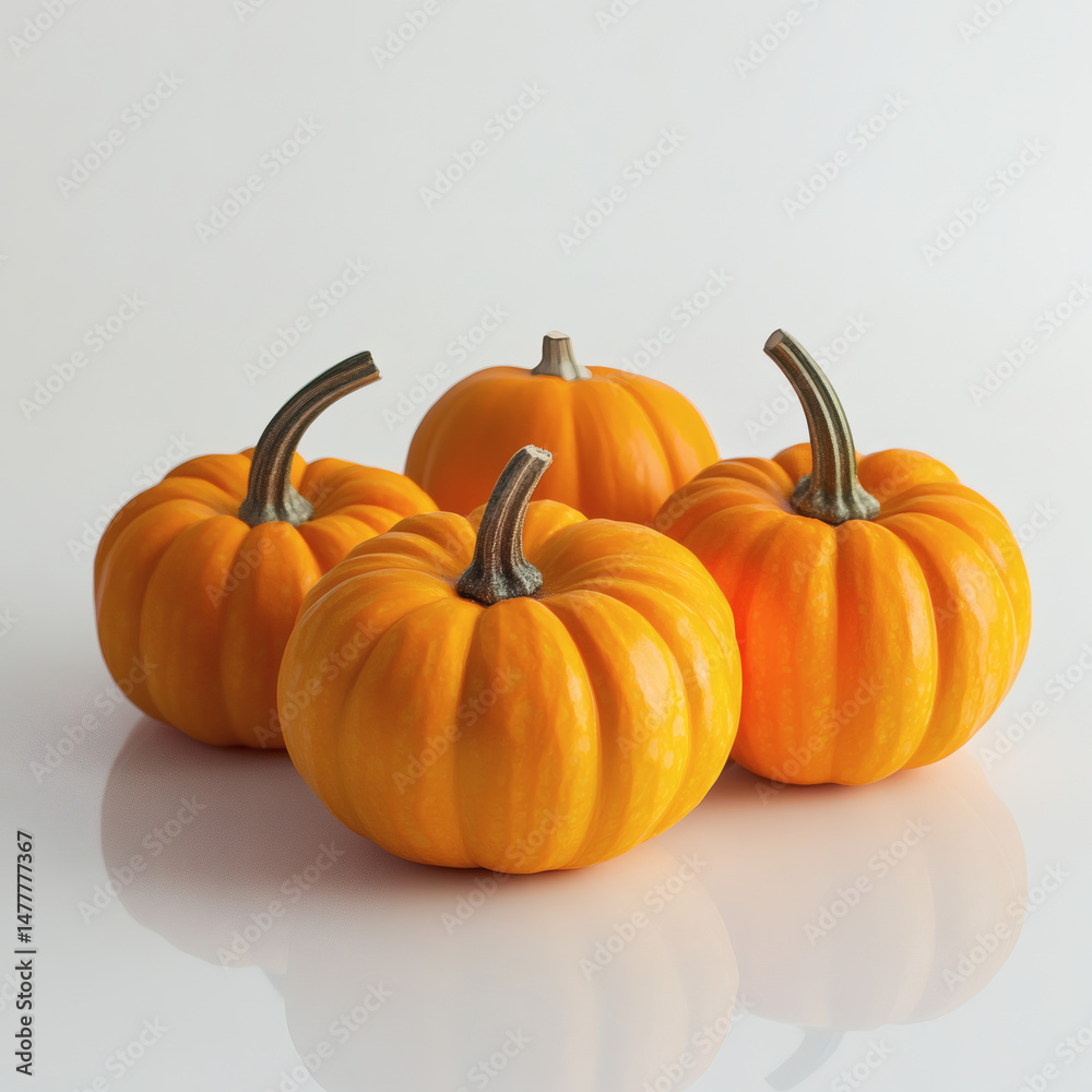 Fototapeta premium A group of four vibrant orange pumpkins sit on a reflective surface against white.