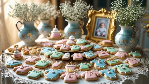 Adorable baby shower cookies in pastel colors, arranged on a table with delicate floral decorations. A perfect setting for a celebration.
