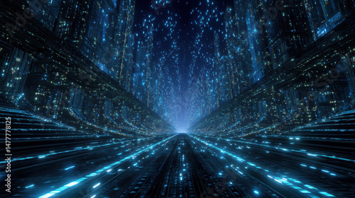 Digital tunnel filled with glowing particles and light in a futuristic landscape at night