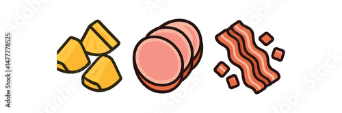 Colorful illustration of potato wedges, ham slices, and bacon strips on white background icon vector illustration isolated