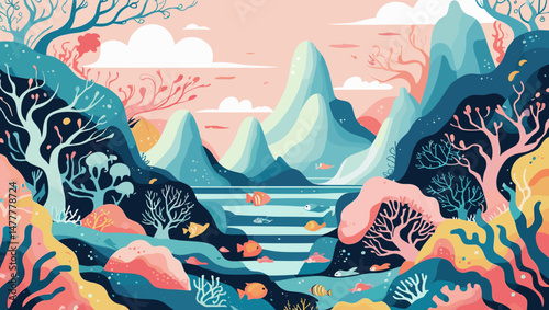 Colorful underwater scene with vibrant corals, fish, and mountains under a dreamy sky