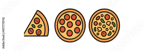 Three pizza icons slice, pepperoni, and vegetable toppings on white background icon vector illustration isolated