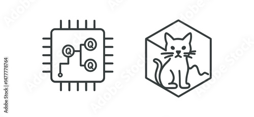 Abstract icons of microchip and quantum cat in hexagon outline style icon vector illustration isolated