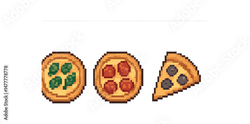 Pixel art pizza variety with spinach, pepperoni, and olive toppings icon vector illustration isolated
