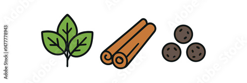 Mint leaves, cinnamon sticks, and chocolate chips icons on white background icon vector illustration isolated