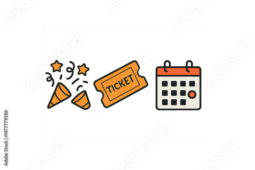 Celebration icons with party poppers, ticket, and calendar icon vector illustration isolated