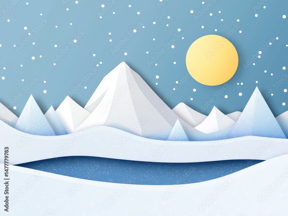 Obraz premium Winter Landscape with Mountains, Sun, Snow, and Blue Water in a Minimalist Style