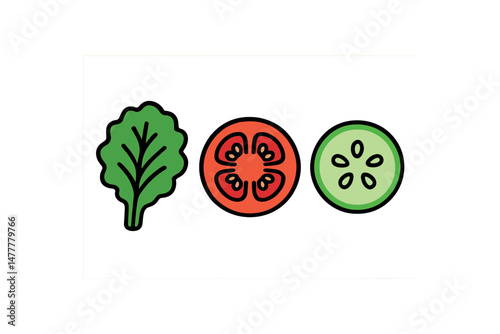 Illustrated lettuce leaf, tomato slice, and cucumber slice in bold colors icon vector illustration isolated