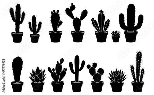 Collection of Potted Cactus and Succulent Plant Silhouettes