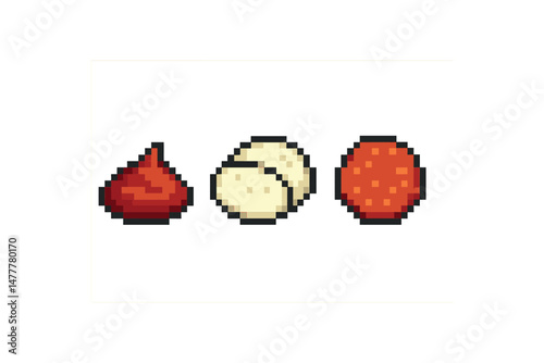 Retro-style pixel art of pizza toppings tomato, mozzarella, pepperoni icon vector illustration isolated