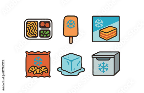 Frozen food icons popsicle, pasta, ice cube, lasagna, croissants, freezer icon vector illustration isolated