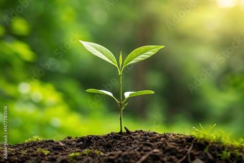 Young plant growth in nature – green sprout emerging outdoors photo