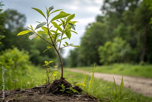 Young sapling in soil – reforestation and nature photo photo