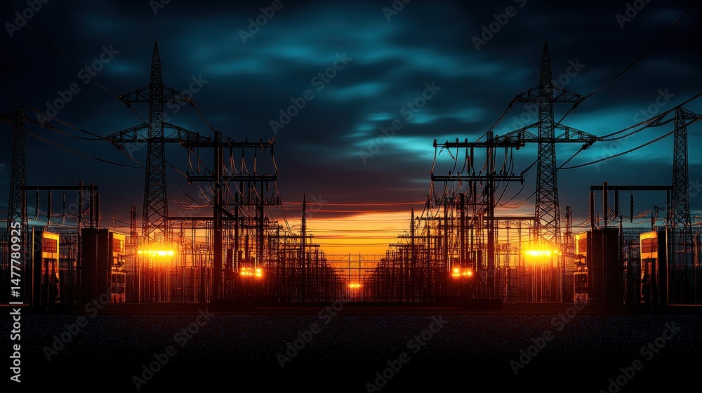 Fototapeta premium Sunset Over Outdoor Transformer Yard with Metal Fence