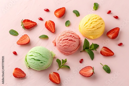 Three ice cream scoops on pink backdrop – minimalist summer theme photo